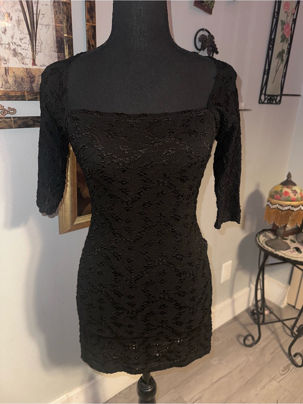 Vtg Made In USA Black Lace Eyelet Floral Pattern Mini Dress with Square Neck